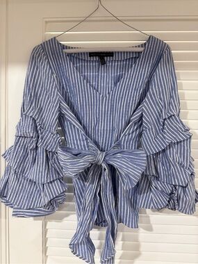 White House Black Market Striped Blue Tie-Front Ruffle Sleeve Top